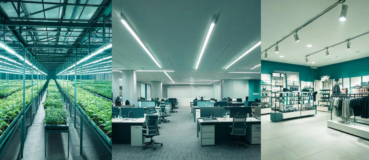Architectural collage of greenhouse and commercial lighting applications